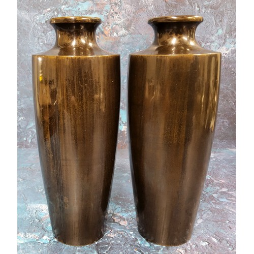 417 - A pair of Japanese tapering cylindrical bronze vase, applied in mixed metals with long tailed fancy ... 