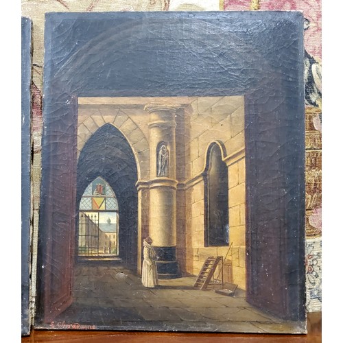 473 - French School (19th Century) Monastery Interiors At Dusk, a near pair,Indistinctly signed, oil on ca... 