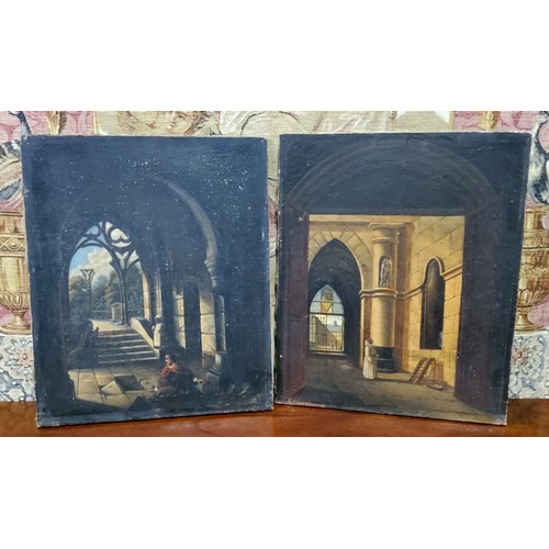 473 - French School (19th Century) Monastery Interiors At Dusk, a near pair,Indistinctly signed, oil on ca... 