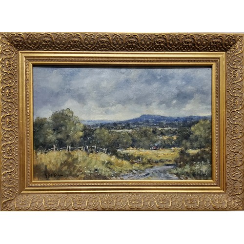 489 - John W Gough (20th century) Harvesting on a Summer Day, signed, oil on board, 24cm x 39cm