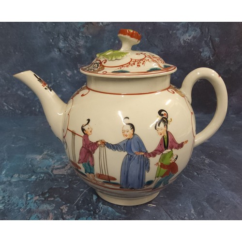 323 - A Worcester globular Boy at the Window teapot and cover, painted with traditional Chinoiserie tablea... 