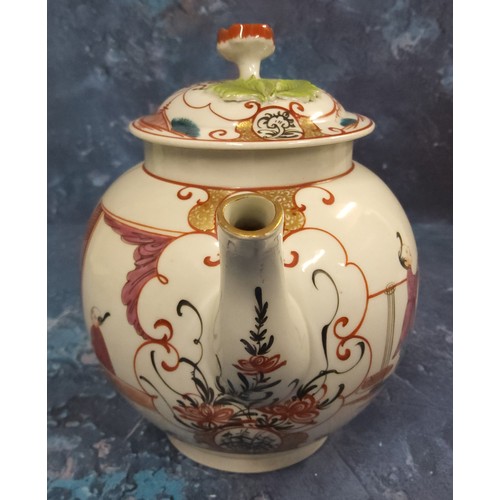 323 - A Worcester globular Boy at the Window teapot and cover, painted with traditional Chinoiserie tablea... 