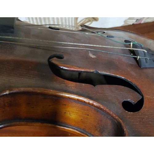 555 - A late 19th century violin, two piece back,  stamped Stainer,  length 37cm long, c.1890;  two bows