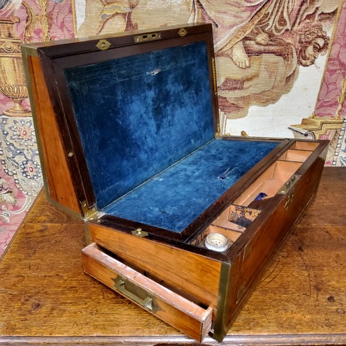 510 - A George IV rosewood and brass marquetry campaign writing box, banded border, fitted interior, flush... 