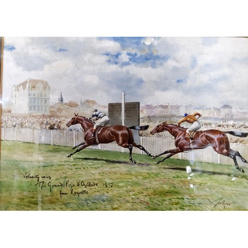 524 - John Beer, Velocity Wins The Grand Prix d'Ostende From Roquette, 1907, signed, titled, watercolour, ... 