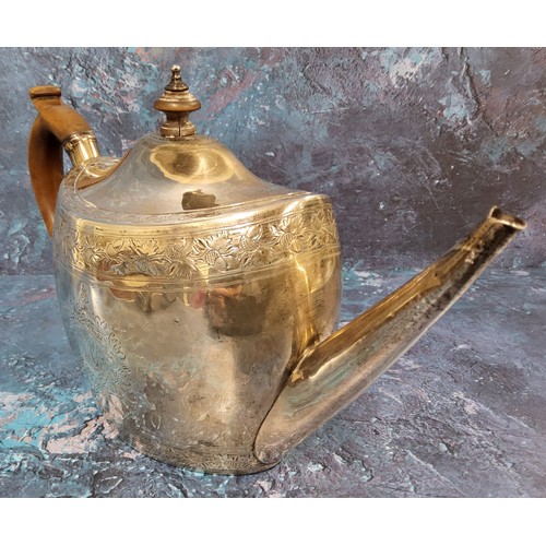 52 - A George III silver oval teapot and cover, engraved with crest and initials, banded with fruiting oa... 