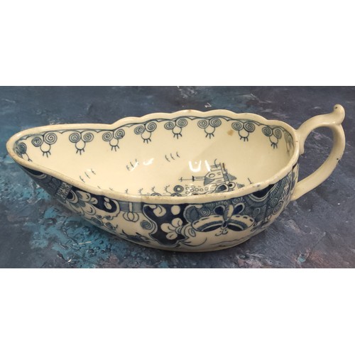 335 - A Worcester Doughnut Tree pattern sauceboat, decorated in underglazed blue, the exterior with foliag... 