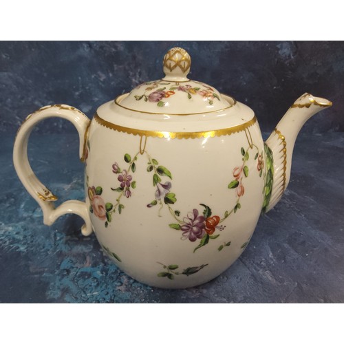 322 - A Bristol teapot and cover, decorated in polychrome, with floral swags, wreath wrapped spout, gilt d... 