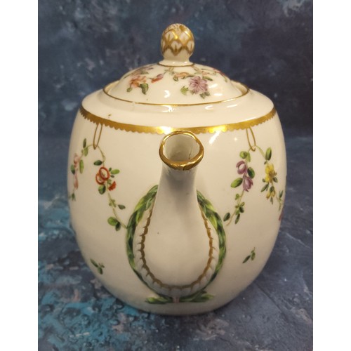 322 - A Bristol teapot and cover, decorated in polychrome, with floral swags, wreath wrapped spout, gilt d... 