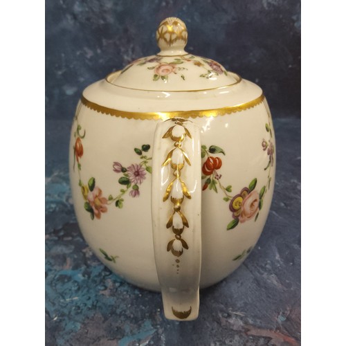 322 - A Bristol teapot and cover, decorated in polychrome, with floral swags, wreath wrapped spout, gilt d... 