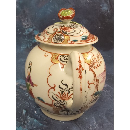 325 - A Worcester globular Boy at the Window teapot and cover, painted with traditional Chinoiserie tablea... 