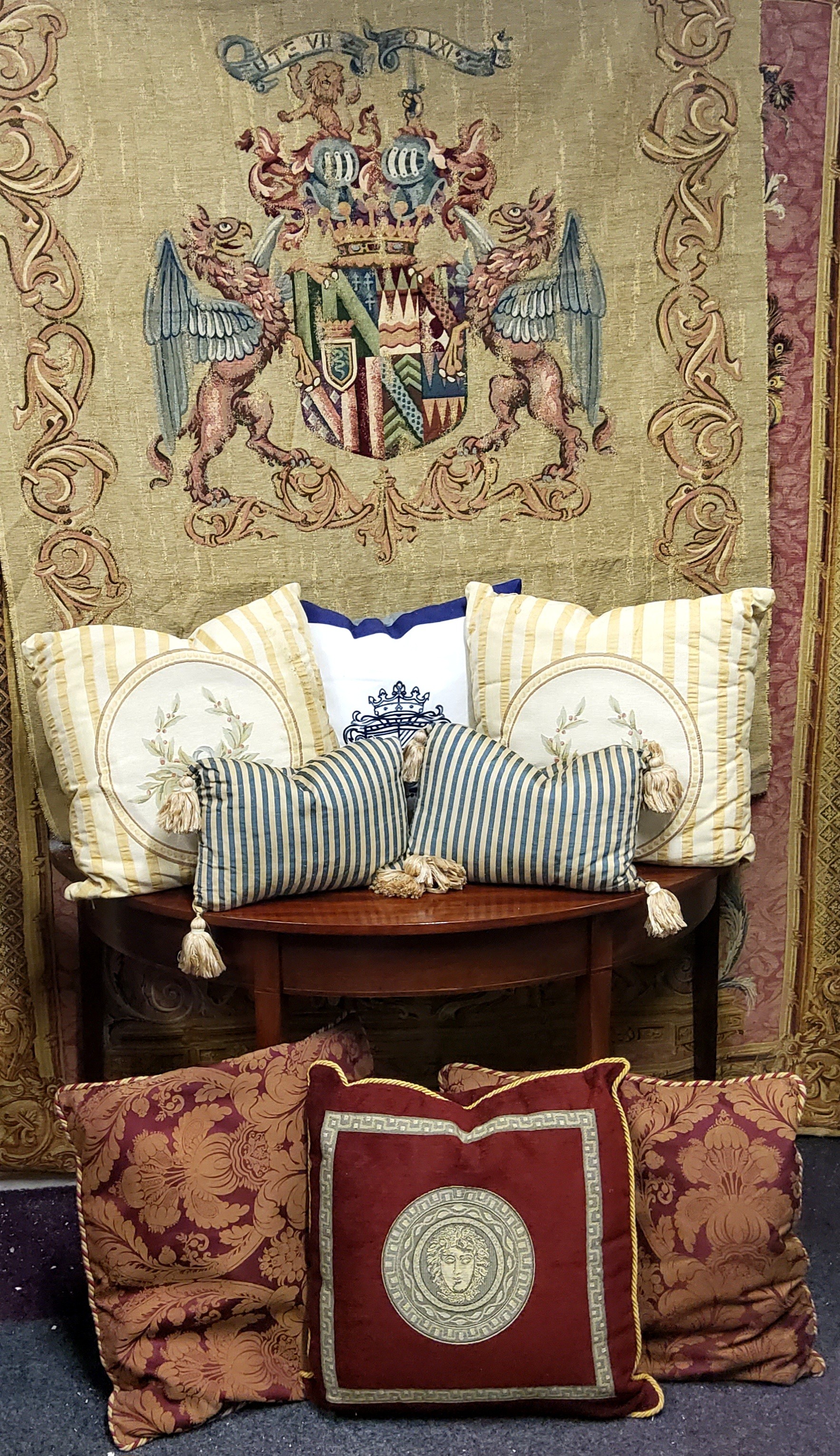 Soft Furnishings two large burgundy cushions; another, with Versace