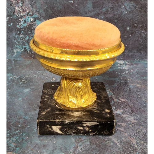 445 - A '19th century' gilt metal and marble pin cushion, as an urn, square marble base, 9.5cm high