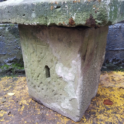 778 - A Derbyshire gritstone garden planter plinth, the top a carved gatepost finial, the solid base, dres... 