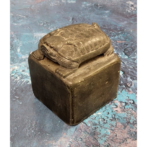 415A - A Chinese  soapstone Bixi seal, the turtle on a square base, 6.5cm high