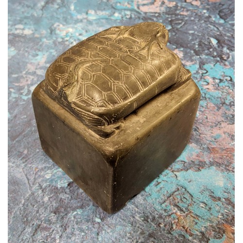 415A - A Chinese  soapstone Bixi seal, the turtle on a square base, 6.5cm high