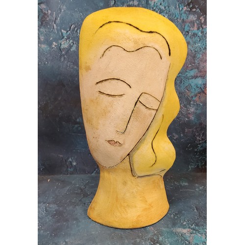 3 - Dorinda Johnson, contemporary, a pottery stylised head, 33cm high,  signed, dated 1995