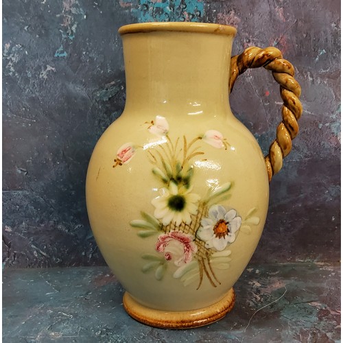 7 - A Denby stoneware jug, painted with flowers, on an olive ground, rope twist handle, printed mark