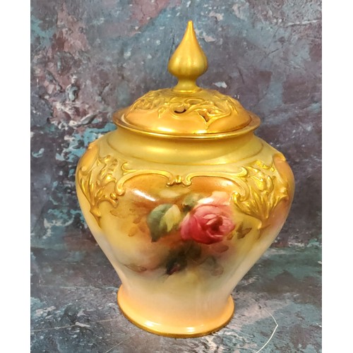 11 - A Royal Worcester James Hadley lobed ovoid pot pourri vase and cover,  painted with pink and ye... 