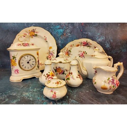 13 - A Royal Crown Derby Posies pattern mantel clock;  a preserve pot;  a mustard pot and cover... 