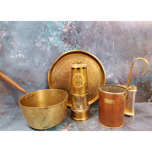 34 - An Eccles miner's lamp, inscribed Protector Lamp and Lightning Co Ltd, Type 6;  a brass saucepan;  a... 