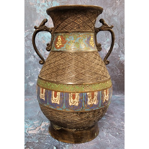 106 - An early 20th century Japanese bronze and cloisonne two handled vase, banded with stylised flowers a... 