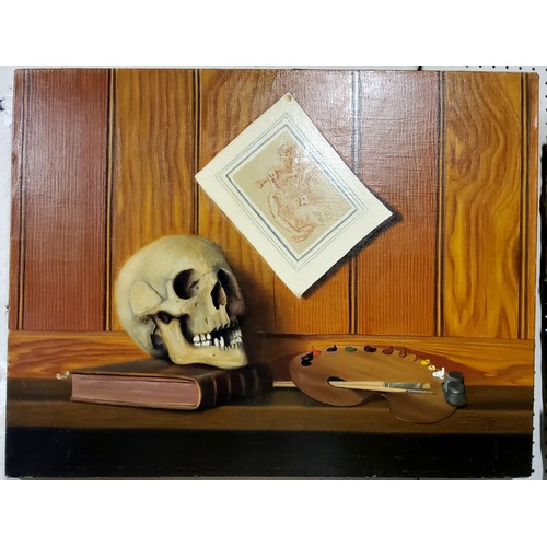 908 - A** Fremont, French School, Still Life Observation of Skull, Artist Pallet and Book, signed, oil on ... 