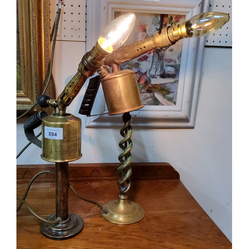 894 - A novelty side light, formed from a Radius No.71 blow torch, 34cm high;  another