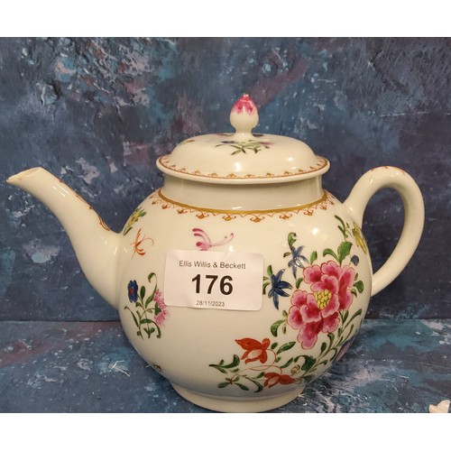 176 - A Worcester teapot,  painted in famille rose style with a large chrysanthemum and other sprays,... 