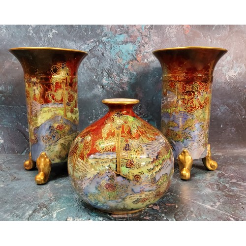 7 - A pair of Wilton Ware lustre flared cylindrical vases, decorated with river landscape, gilt scroll l... 