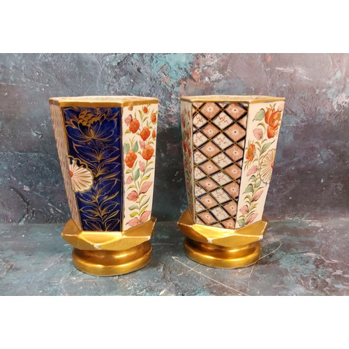 8 - A pair of Mason Ironstone hexagonal vases, decorated with alternating panels, of stylised flowers an... 