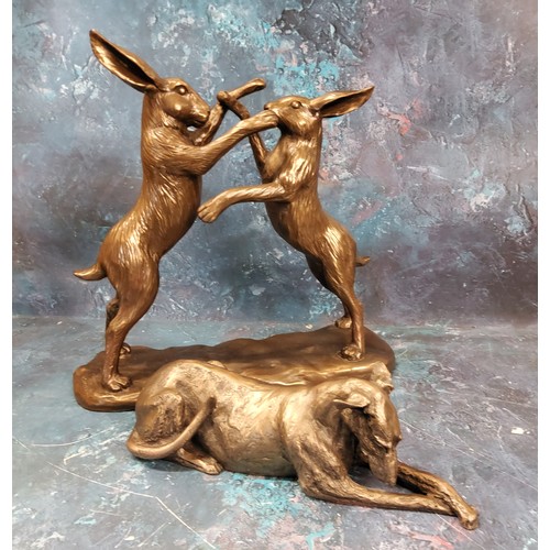 10 - A Frith Sculpture resin bronze effect model, Lurcher Thinking;  another, Leonardo, Hares Boxing (2)