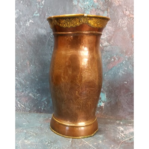 32 - A Japanese copper and brass bowed cylindrical vase, engraved with cranes and foliage, 22cm high, Mei... 