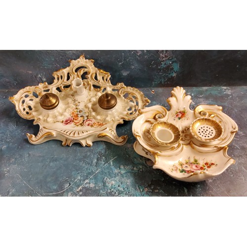 38 - A French Rococo porcelain standish, decorated with colourful flowers, picked out in gilt, 17cm wide,... 