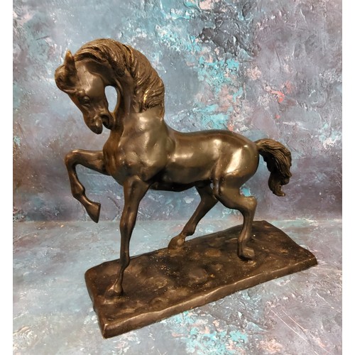 64 - French School, dark patinated bronze, Wild Stallion, 32cm high