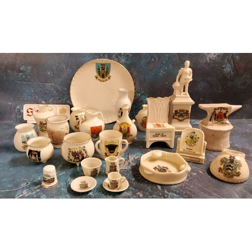 74 - Crested Ware - Plymouth -  a Devonia Art Drake Memorial; others,  Goss;   Burns Chair,  anvil, tambo... 