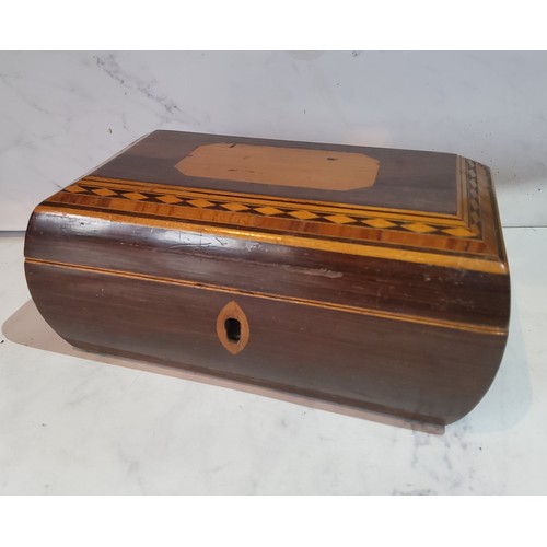 96 - A George III mahogany bowed sarcophagus shaped work box, the cover banded, satinwood strung, 6.5cm h... 