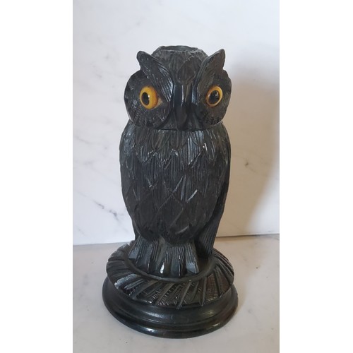 101 - A Victorian novelty box, carved as an owl, glass eyes, 12cm high, c.1860