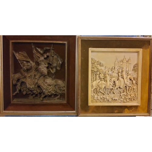 193 - Medieval Interest - a relief moulded picture, of Knights on Horseback, 55cm x 51cm;  another, w... 