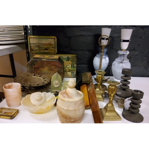 171 - Boxes and Objects - alabaster tobacco jar, trinket dish and beaker;  two grey marble side lamps;  ea... 