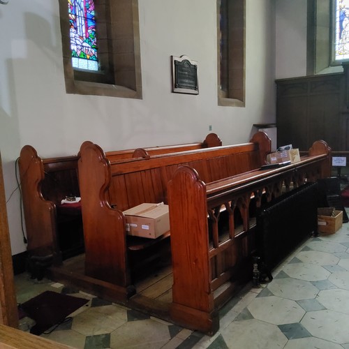 5 - The left hand Victorian pitch pine choir stall from Dore Church, including pierced fretwork hymn sta... 