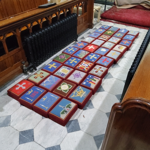 5B - A harlequin set of fourty ecclesiastical hassocks / worshipping prayer stools, each with unique embr... 