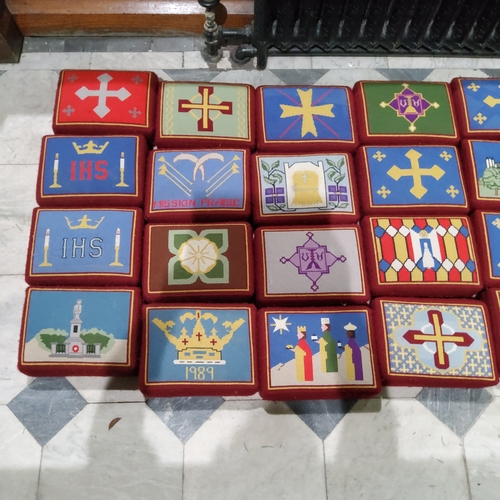 5B - A harlequin set of fourty ecclesiastical hassocks / worshipping prayer stools, each with unique embr... 