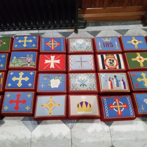 5B - A harlequin set of fourty ecclesiastical hassocks / worshipping prayer stools, each with unique embr... 