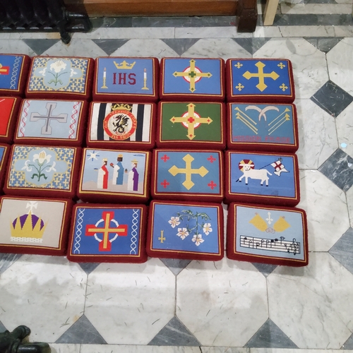 5B - A harlequin set of fourty ecclesiastical hassocks / worshipping prayer stools, each with unique embr... 