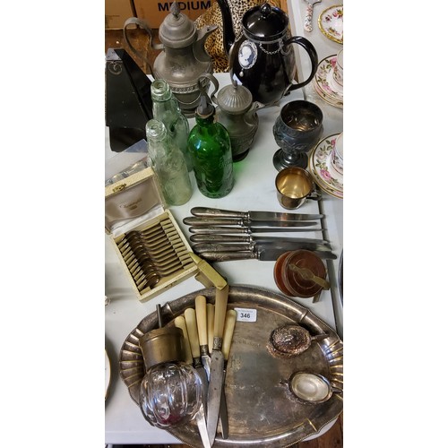 346 - A metronome;  a fishing reel;  Codd bottles  pewter;  plated ware;  a large glass and brass door kno... 