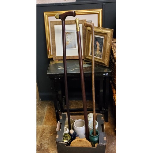 359 - Walking sticks;  two Japanese lacquered tables;  stoneware bottles;  prints;  et... 