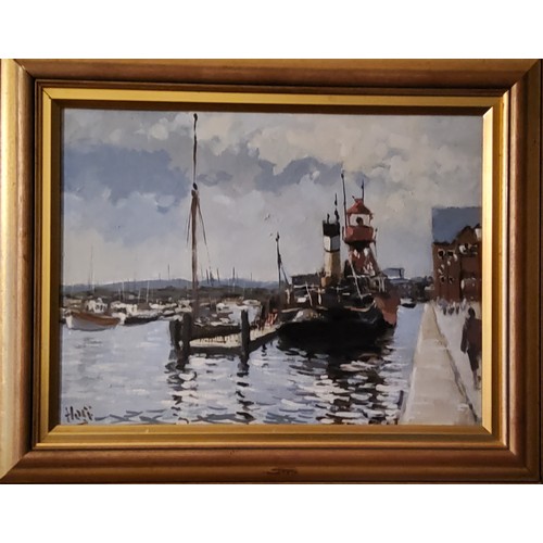 614 - English School, 20th century, Harbour Quay, indistinctly signed, oil on board, 30cm x 40cm