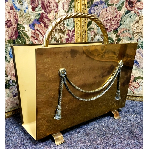 618 - A polished brass magazine rack applied with Neoclassical ribbon tied swags, rope twist handle