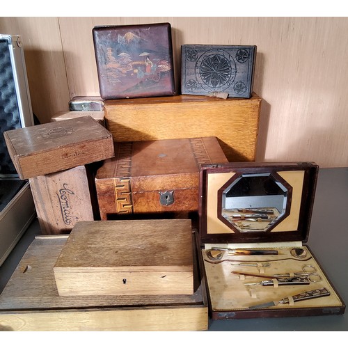 463 - A Victorian walnut rectangular work box, inlaid with two geometrical bands, c.1870;  others box... 